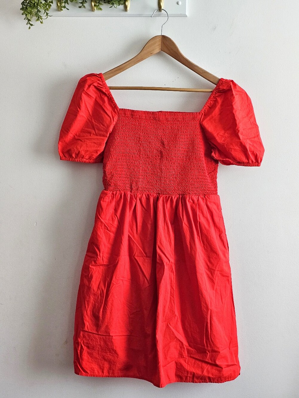 LOFT Red Smocked Puff Sleeve Mini Dress with Pockets Cotton Size M